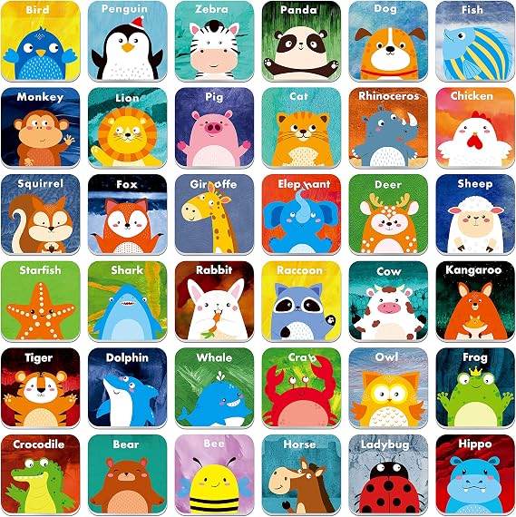 Hebayy 36 Pair Animals Matching Game Cartoon Flash Cards Erasable(72 PCs, Each Measures 2 X 2)