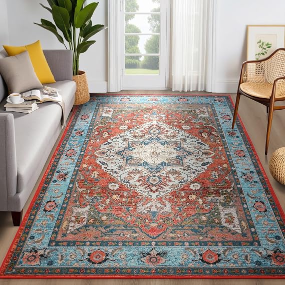 YJ.GWL Large Area Rug for Living Room, 5x7 Machine Washable Boho Rug for Bedroom, Low Pile Lightweight Thin Rugs Floral Vintage Distress Print Pattern Carpet for Dining Room, Red/Blue